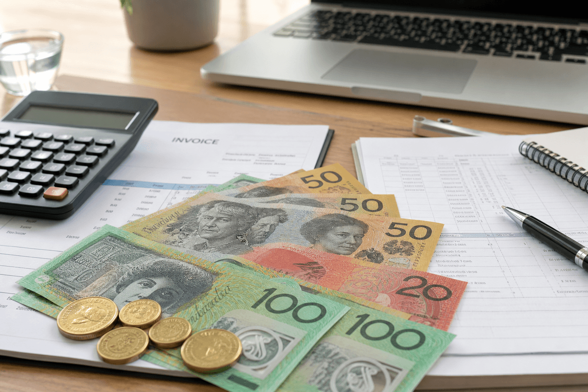 Australian business finance desk with AUD notes, calculator, and funding documents